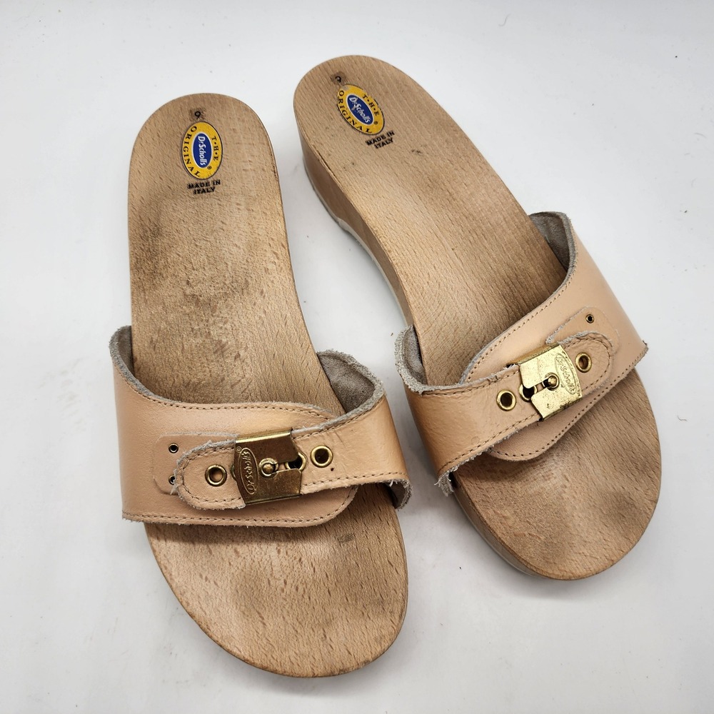 Dr. Scholl's VTG Original Exercise Sandals Womens 9 Tan Leather Wood Clogs Italy